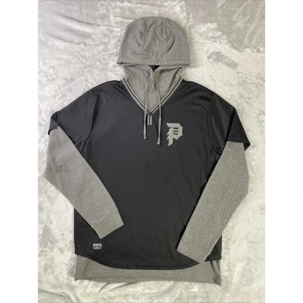 Primitive Hoodie Jersey Mens Large Black Grey Layered Logo‎ Skateboarding Shirt